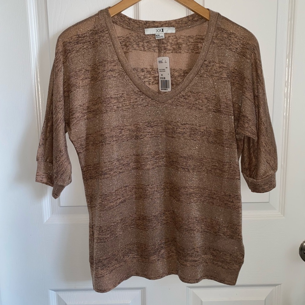 NWT Women’s Forever 21 sheer glittery V Neck top in Bronze size M